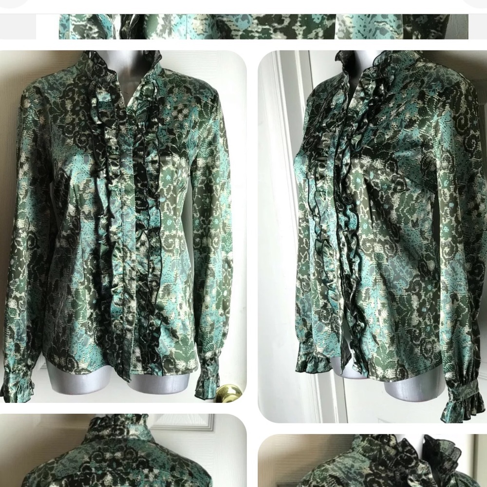 "THINK TANK" WOMENS SIZE SMALL S -BUTTON DOWN SHIRT LONG SLEEVE RUFFLE FRONT